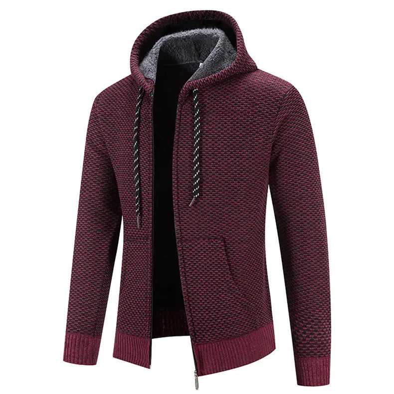 Maroon textured knit zip-up hoodie with a gray fleece-lined hood and black-and-white striped drawstrings featuring a winter coat zipper closure for added warmth and comfort.