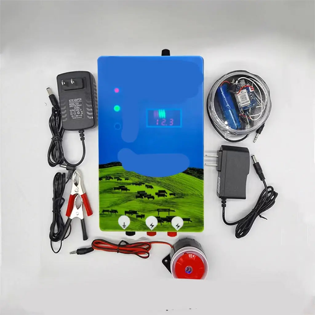 blue rectangular pasture electronic host with green pastoral scene design and digital display showing 123 for electronic host high voltage applications