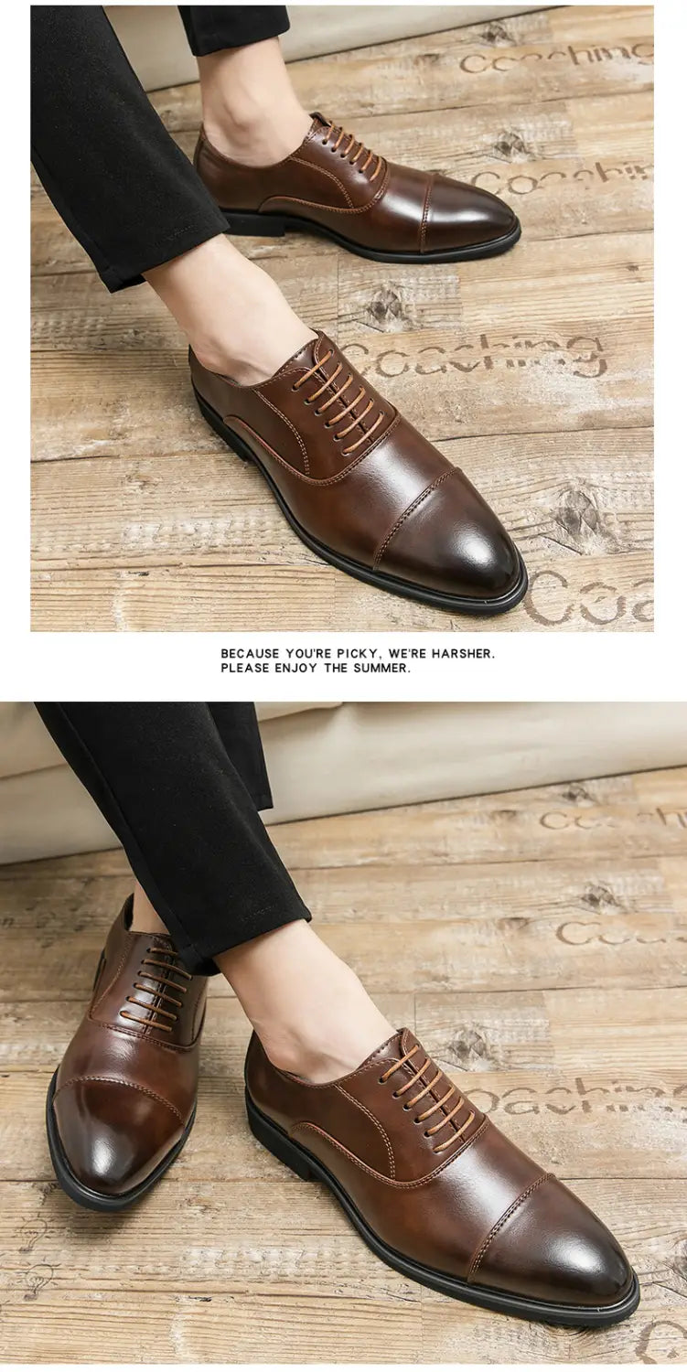 Brown leather oxford plus size casual shoes with a cap toe design and black laces perfect as casual leather shoes.