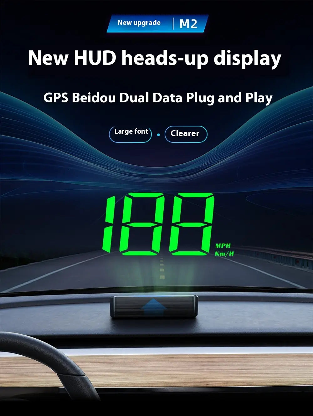 Universal head-up display car gps velometer in black projects a green digital speed display onto a windshield for real-time display car gps use.