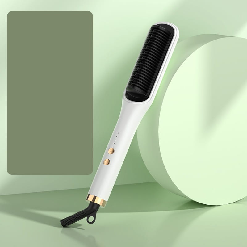 mint green anion hair care electric straightener comb with white and gold body and black ceramic heating plate for care electric hair styling.