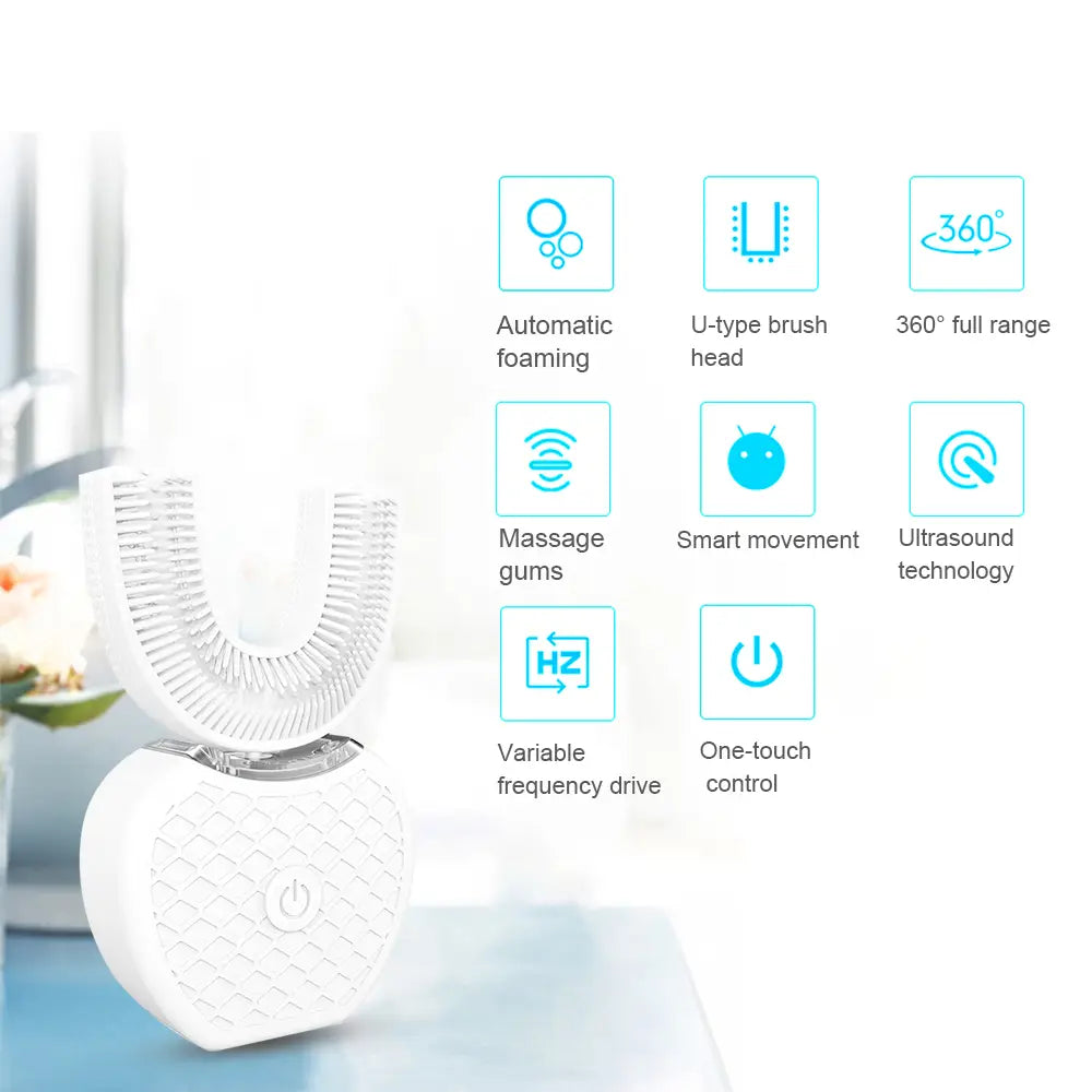 white ultrasonic electric toothbrush with a u-shaped design and soft bristles on a heart-shaped charging base made of sleek plastic, serving as an automatic tooth cleaner.