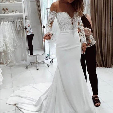 Fashion One Shoulder Lace Long Sleeve Dress Mopping Wedding Dress - Royalessencelux