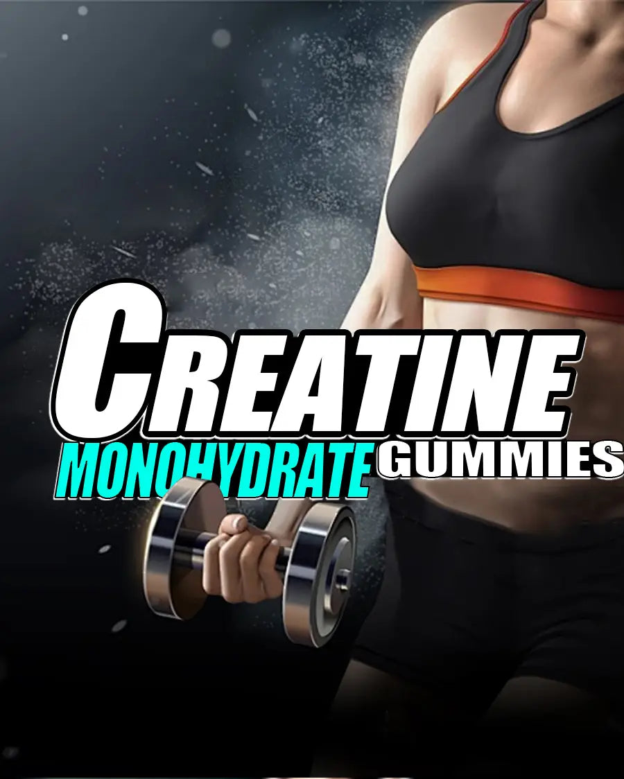 black and orange sports bra with a sleek athletic design displayed alongside Blueberry Creatine Monohydrate Gummies, combining luxury women’s fashion with fitness supplements like creatine gummies.