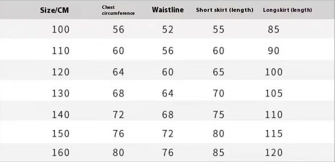 A table displaying size charts in centimeters for the lavender tulle lace wedding dress for children with measurements for chest circumference waistline short skirt length and long skirt length suited for clothing lace wedding purchases in the United States.