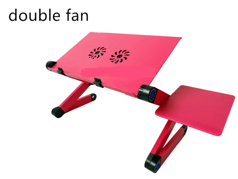 pink adjustable folding ergonomic laptop table stand with two built-in fans and side tray including mouse pad for enhanced cooling and comfort