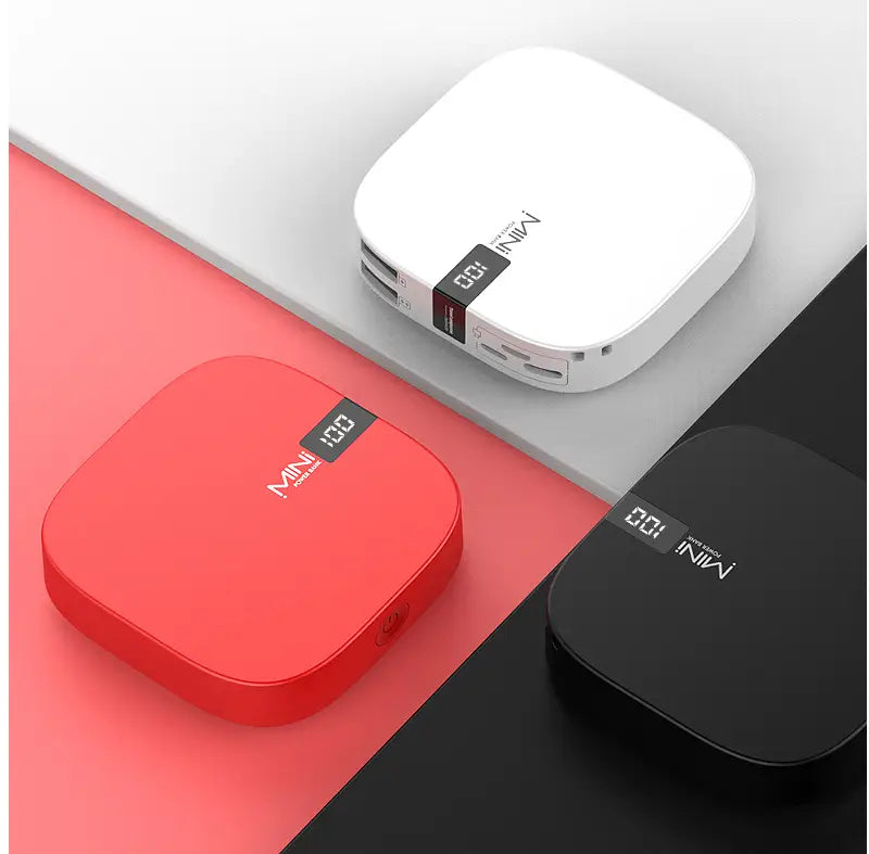 three compact square-shaped mini power banks in white red and black with a 10000mAh capacity and digital scale slim design