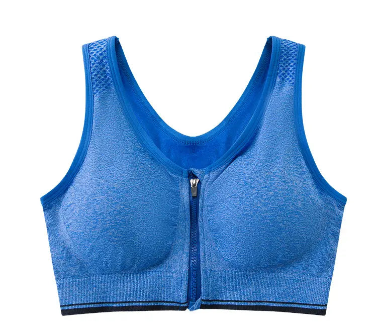 Blue athletic sports bra with front zipper and mesh detailing on the shoulders designed as a zipper sports bra.