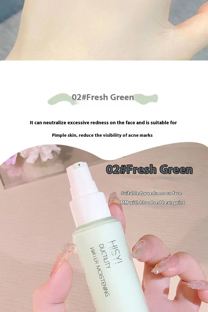 a translucent light green hisyi silky clear makeup primer spray bottle with a white pump labeled #02 fresh green, designed for neutralizing facial redness in the silky clear makeup primer three color set