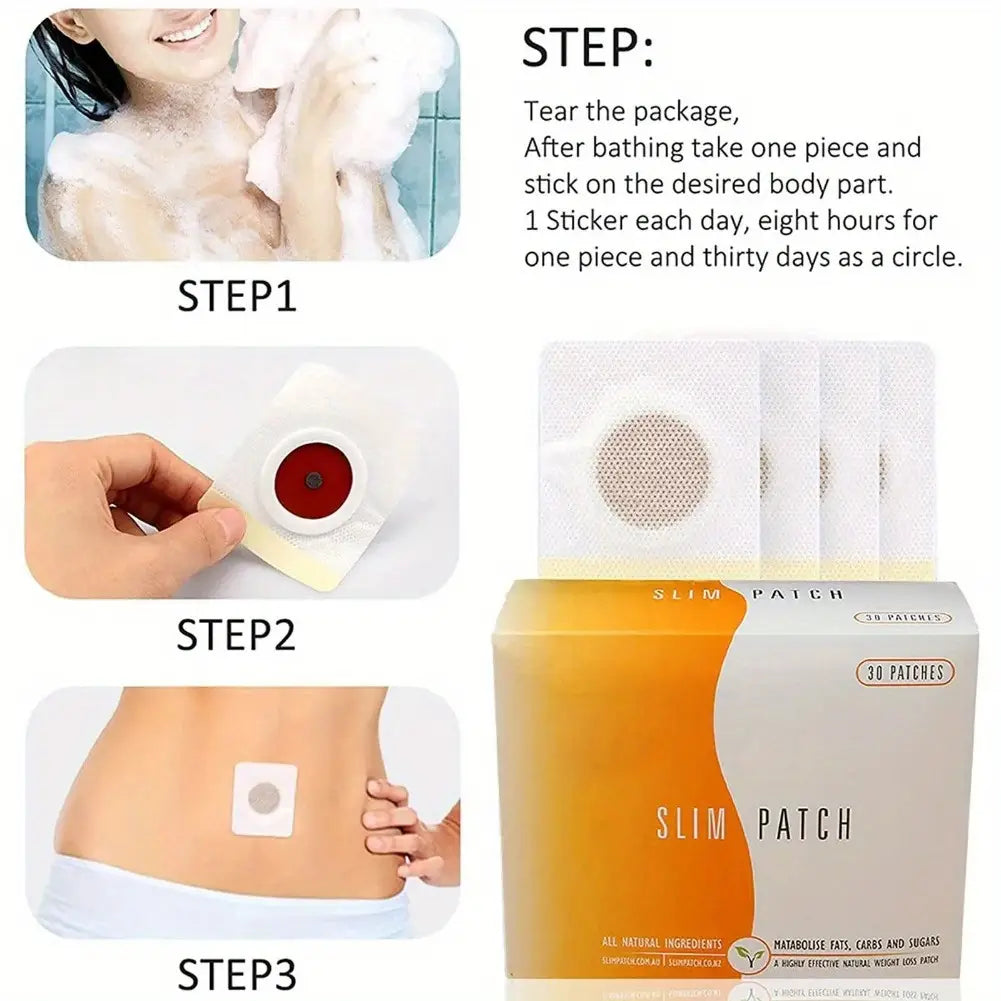 a white adhesive magnetic slimming navel belly button patch with a circular red center and mesh pattern, packaged in an orange and beige box labeled slim patch