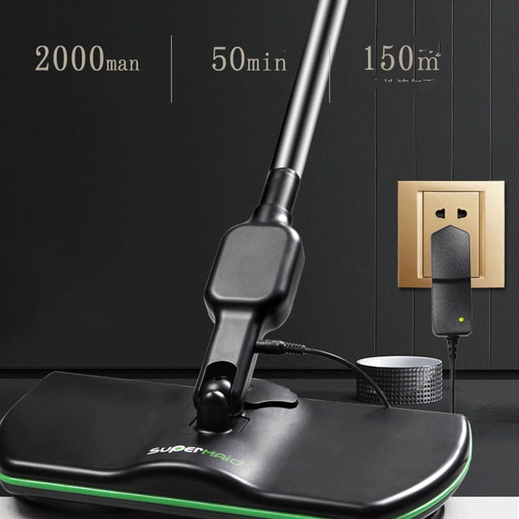 Black and green wireless intelligent electric mop with microfiber pads and a sleek modern design featuring the supermaid brand name on its base.