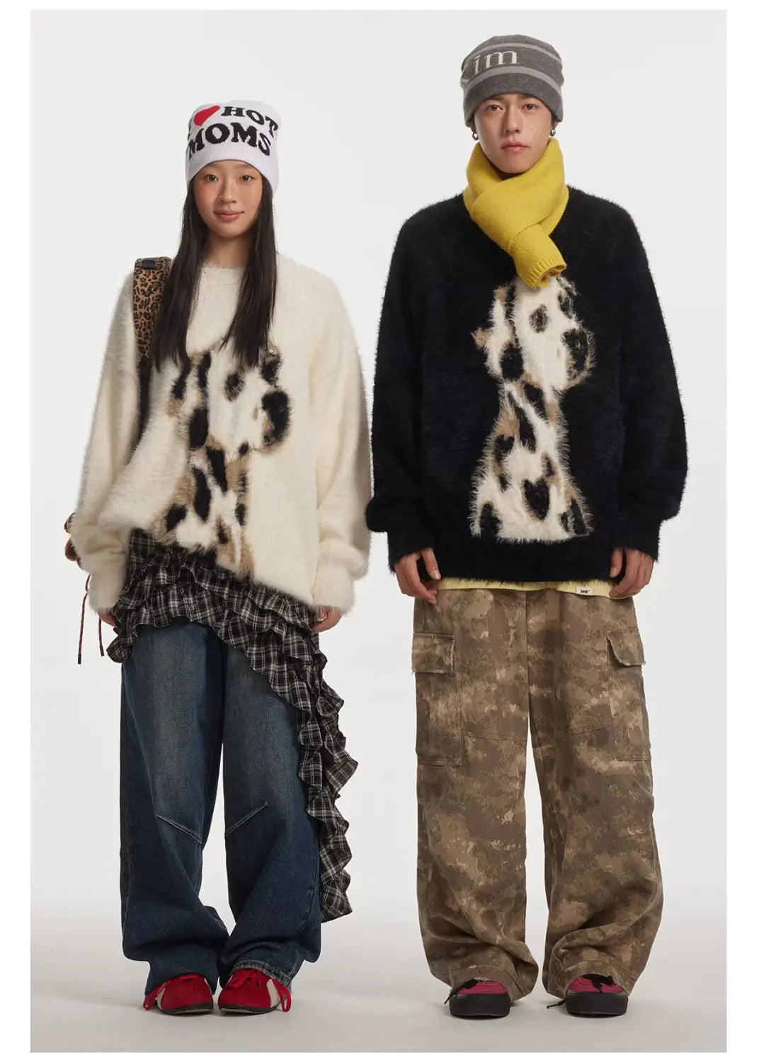 black fuzzy sweater featuring a large white dalmatian puppy jacquard mink design made from soft jacquard mink cashmere knitted fabric