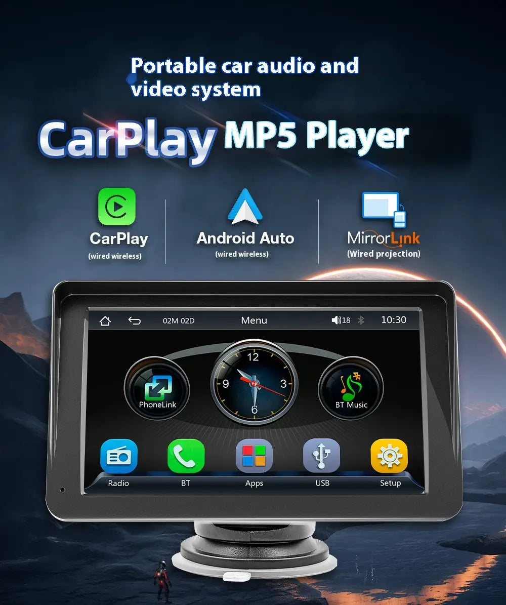 Black-framed portable car player with a 7 inch player hd large touchscreen display showing app icons and time, mounted on a silver base for large screen vehicle use.
