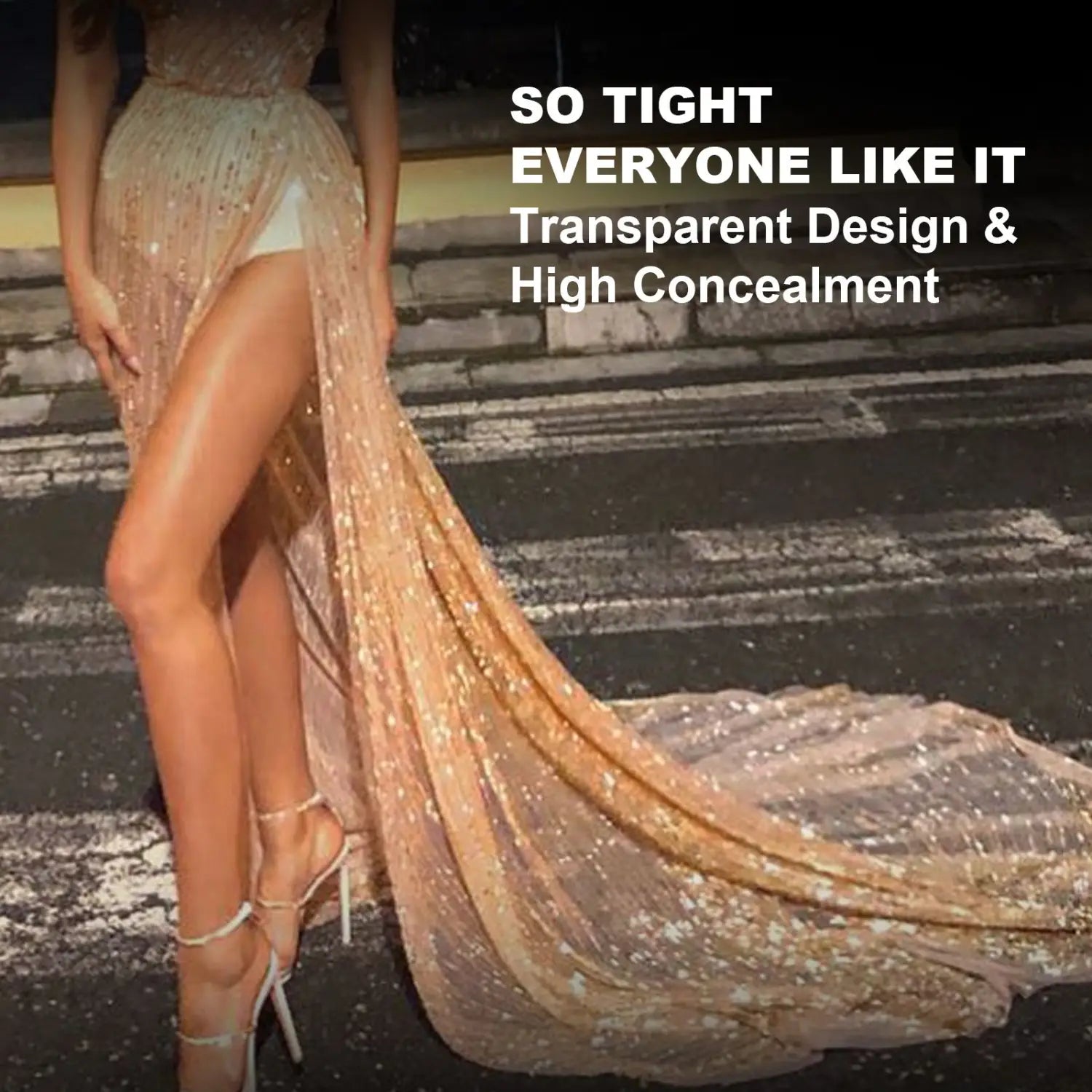 a shimmering sheer gold sequined gown with a high slit and flowing train paired with transparent thigh lifting tape 10 piece pack for effective thigh lifting and support