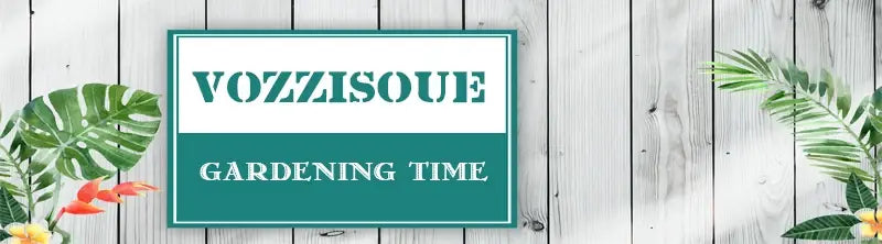 Teal and white rectangular sign with vozzisoue in bold uppercase letters above gardening time framed by tropical leaf illustrations for breathable potato tomato vegetable plant growth bags.