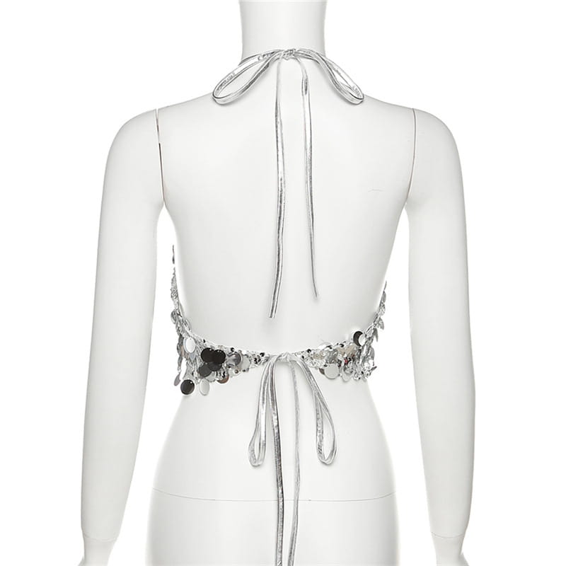 silver metallic halter backless sequined vest featuring sequin and mirror embellishments for an elegant outfit choice