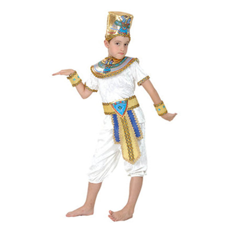 White egyptian pharaoh costume with gold and blue embellishments designed for halloween celebration costumes and female makeup looks.