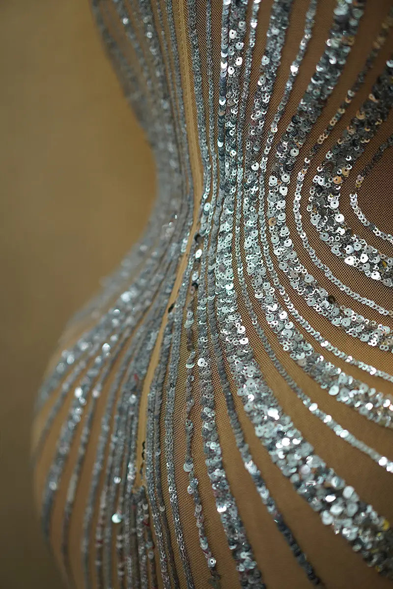 Silver sequined rhinestone feather dress banquet gown bodice with sheer mesh base and concentric rows of shimmering embellishments.