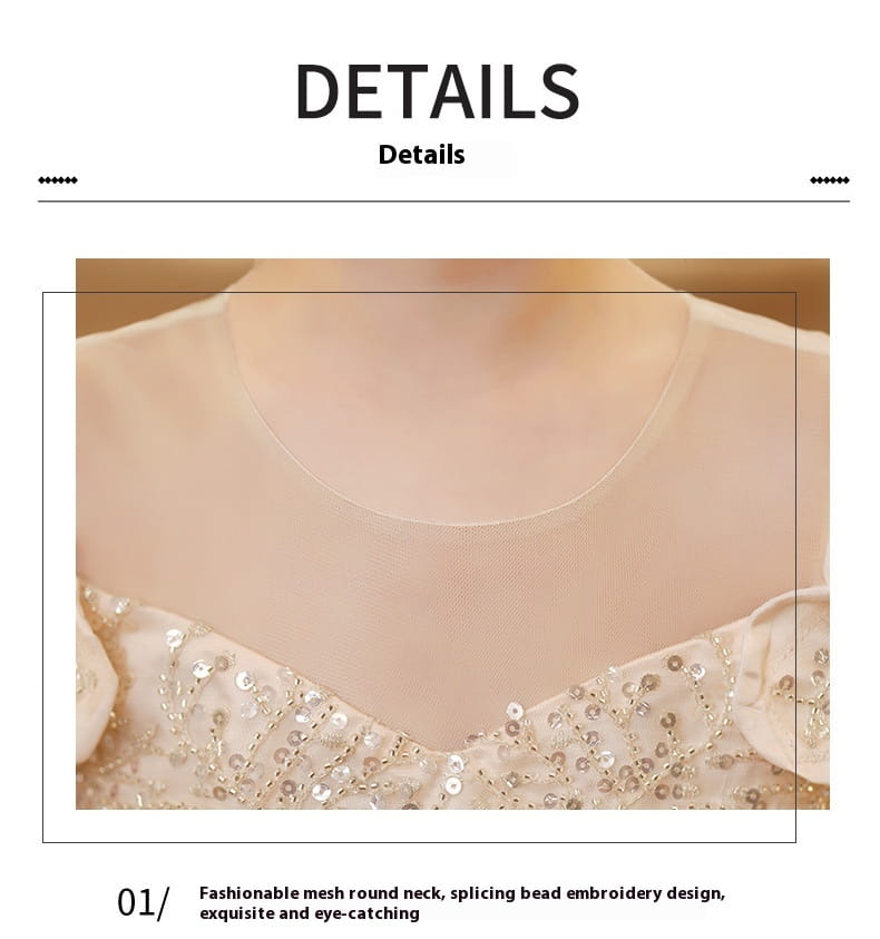 a delicate sheer mesh top with round neckline and intricate bead embroidery along shoulder straps on a champagne sequined spandex princess dress girls tulle tutu