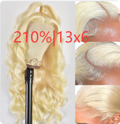 Golden long curly synthetic lace front wig with side bangs – view 9