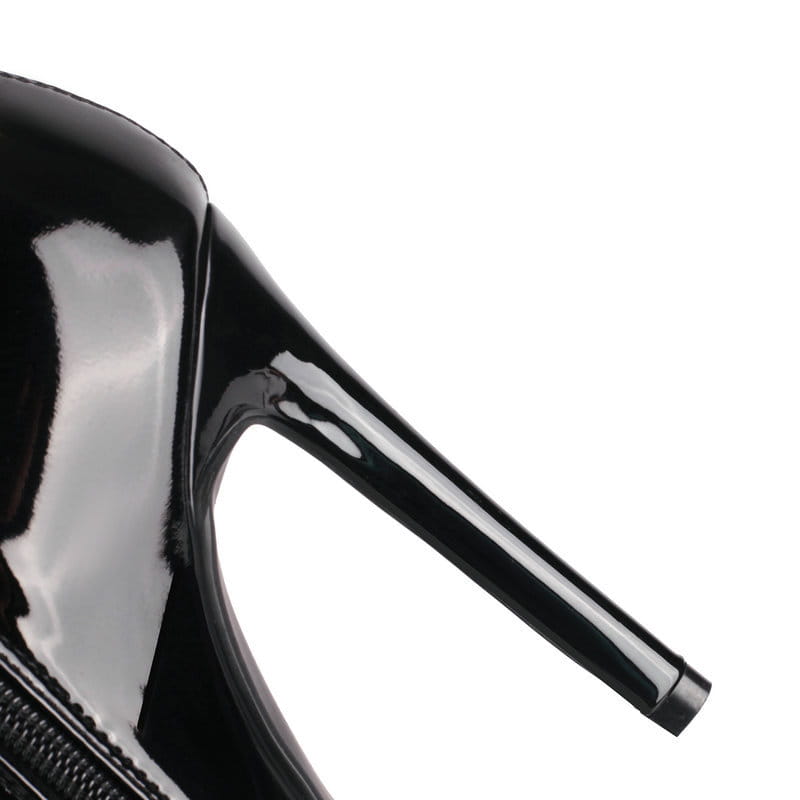 Black patent leather female over the knee boots featuring a lace-up design, peep toe, and a slender stiletto heel highlighting the heel height.