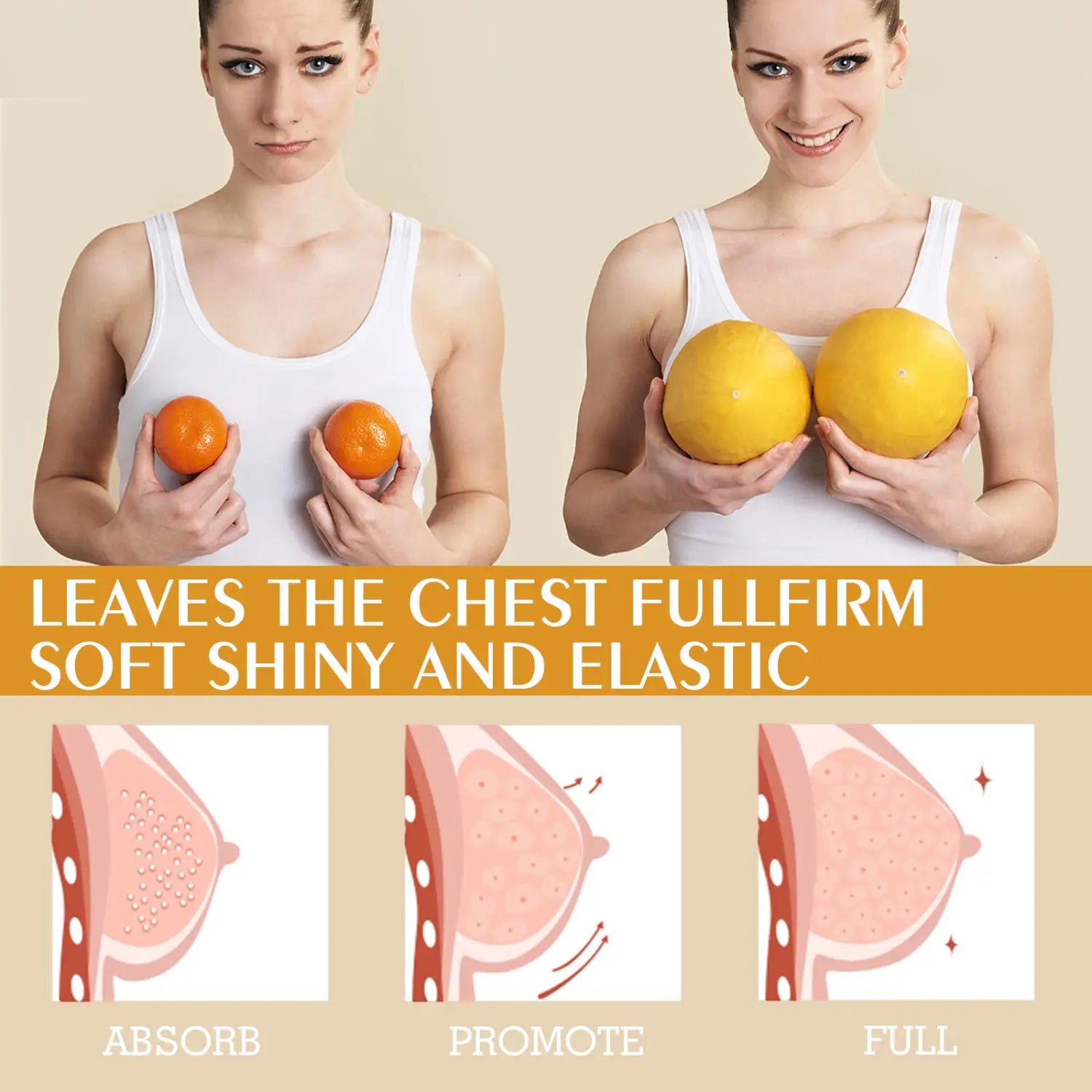 The image displays a pair of orange-colored, soft, and shiny silicone breast forms featured in the beauty ball essential oils breast firming massage product for enhanced fullness and elasticity.
