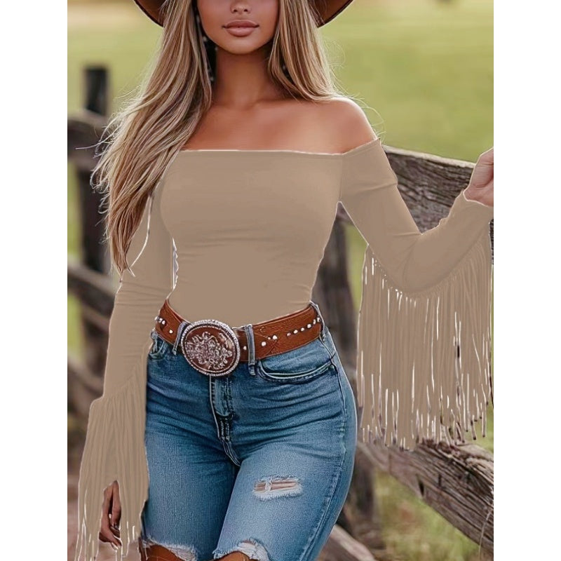 Women's Western Off-Shoulder Fringe Long Sleeve Fitted Tassel Blouse