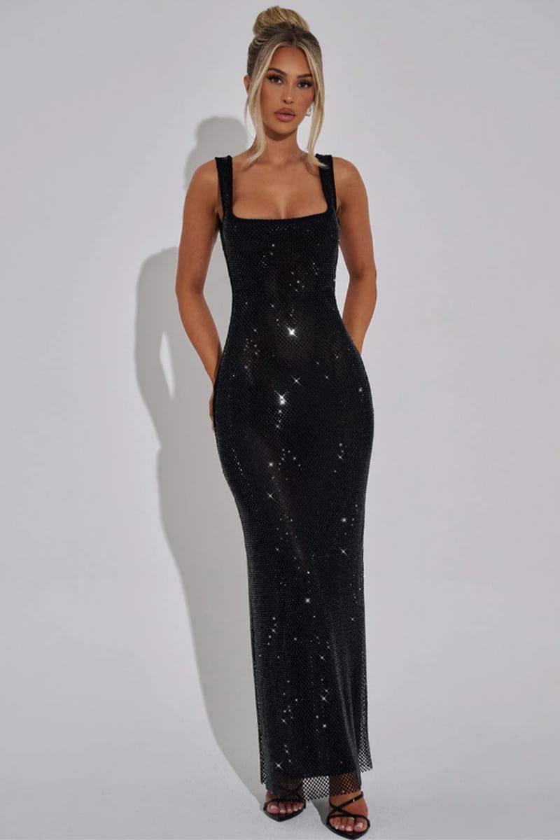 black sequined maxi dress with square neckline and thin silver net drill suspenders featuring strap sequins net material for elegant evening wear