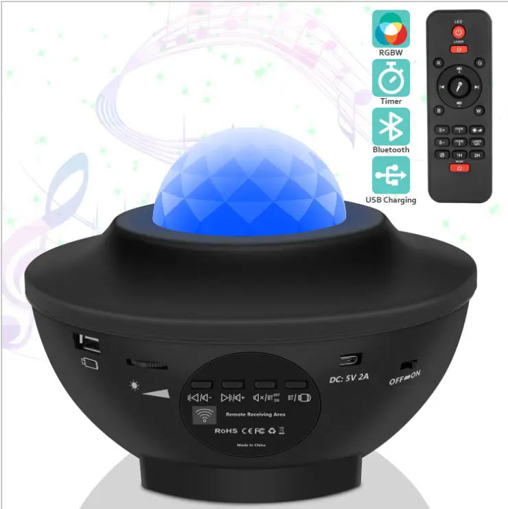 Black star projector night light with a blue faceted dome top and multiple connectivity ports on the base featuring usb control music and remote control functionality.