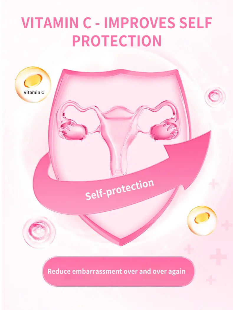 pink translucent shield graphic with stylized female reproductive system surrounded by vitamin c capsules and self-protection text for uro women’s probiotic capsules promoting women’s probiotic capsules benefits