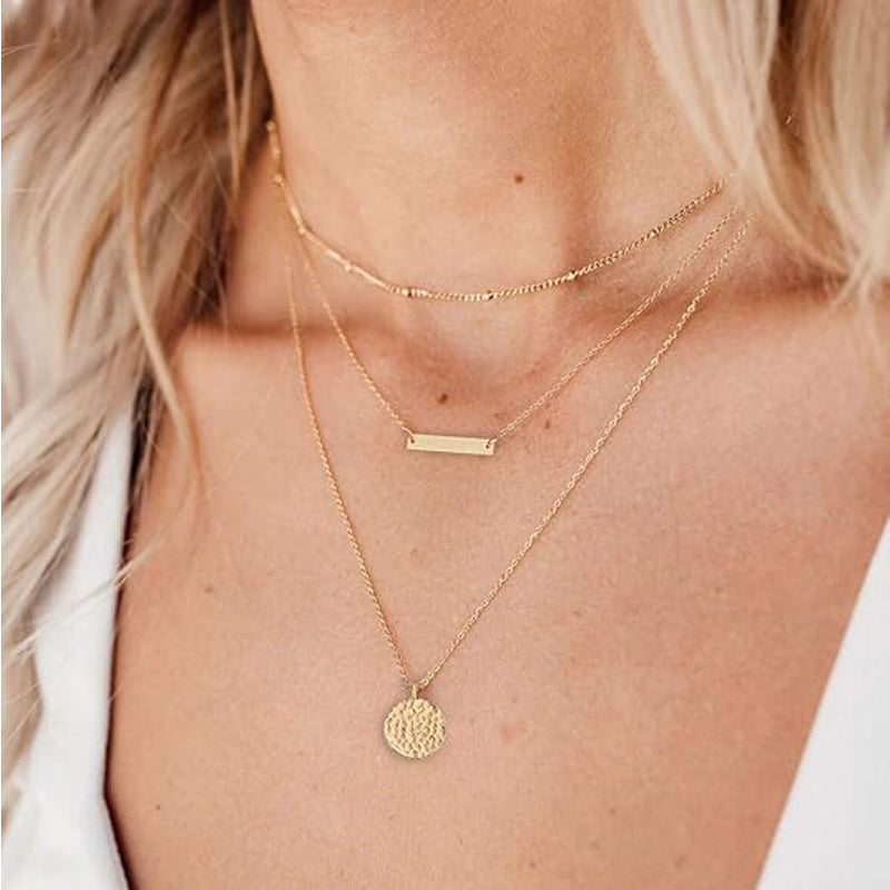14K Gold Plated Layered Choker Necklace Bar Coin Charm Multilayer Necklace for Women
