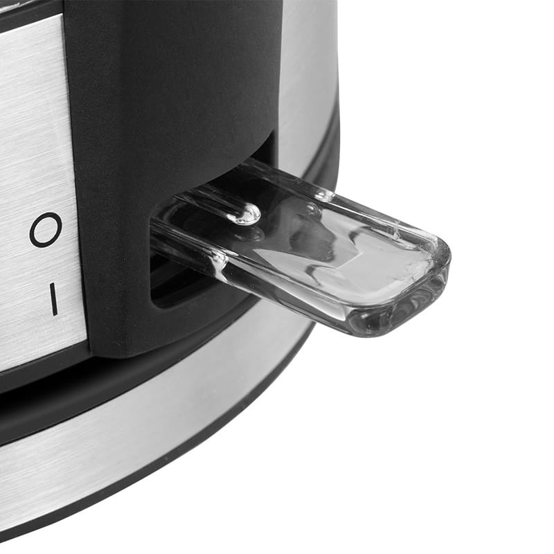 Small glass electric kettle in black and stainless steel with a transparent glass spout and red LED light for easy boiling.