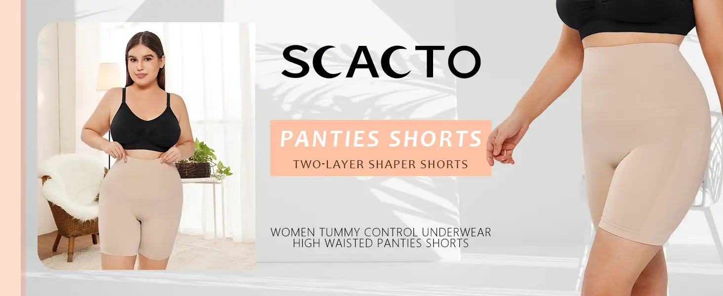 Beige two-layer shaper shorts by Scacto with high waist tummy control designed to complement casual slim leggings in black for effective slimming and shaping.