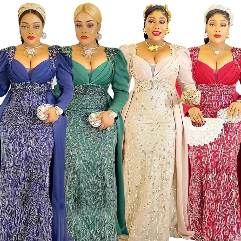 Four elegant women wearing plus size long sleeve sequined evening dresses in various colors featuring intricate beaded and embroidered details perfect for formal occasions.