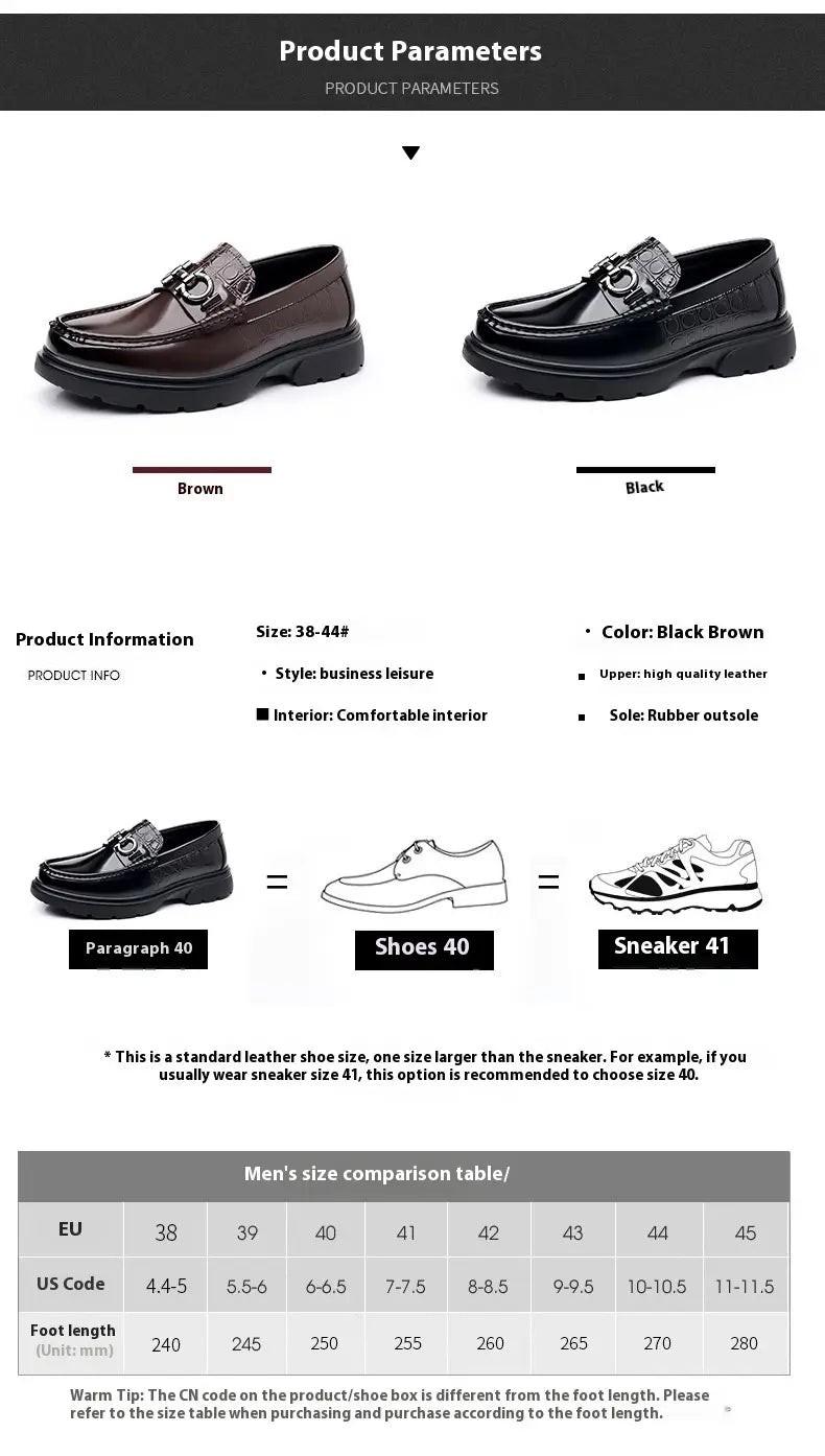 Brown leather business loafers with a polished finish and decorative buckle on the vamp suitable for platform retro casual wear.