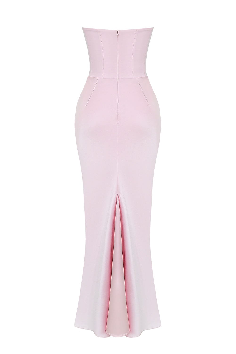 a sleek light pink satin mermaid gown with a fitted corset style bodice and a central front slit, perfect as a long dress sexy fashion bandeau for elegant occasions.