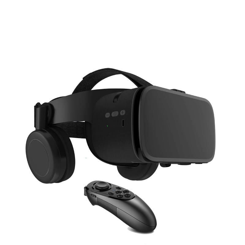 black vr headset with integrated headphones and matching black remote control paired with white bluetooth wireless headset vr glasses for immersive audio and visual experience