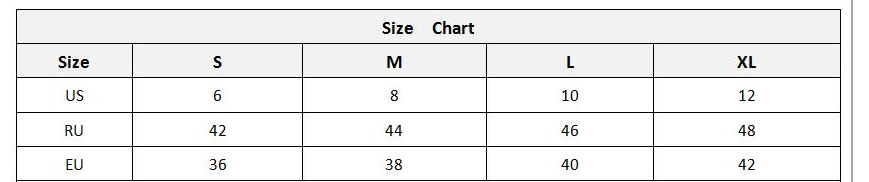 Size chart table displaying measurements for sizes s, m, l, and xl in US, RU, and EU standards for women modest stretch sequin royal blue evening gown.