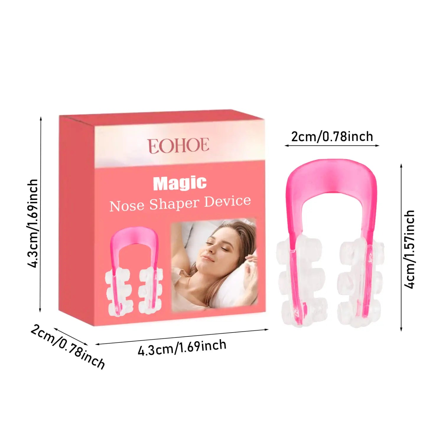 Pink plastic nose shaping device with white silicone inserts for correction nose contour and contour nose bridge.