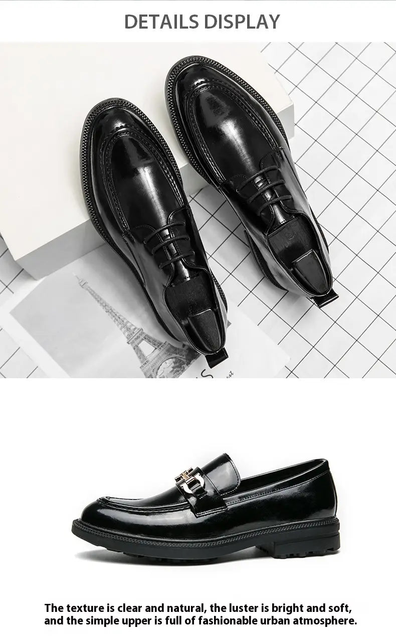 Black patent leather lace-up oxford shoes with a polished finish and classic design for male fashion formal wear and horsebit loafers male style.