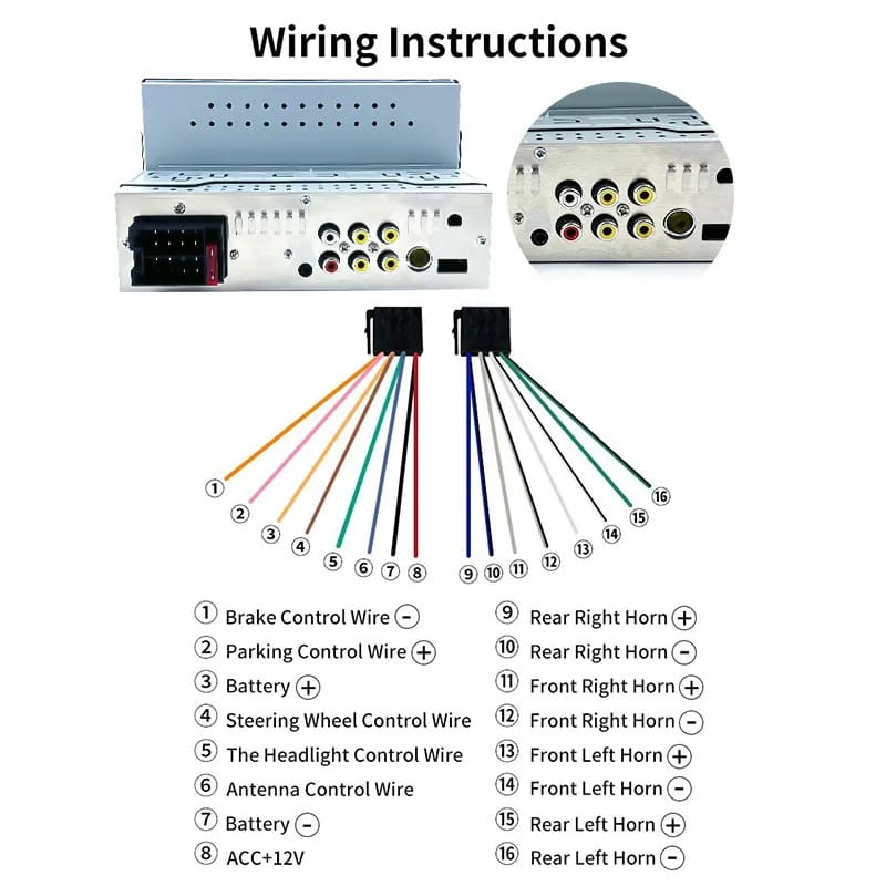 silver mp5 player mobile car stereo rear view with multiple colored wiring connectors and labeled terminals for mobile phone interconnection and vehicle systems integration