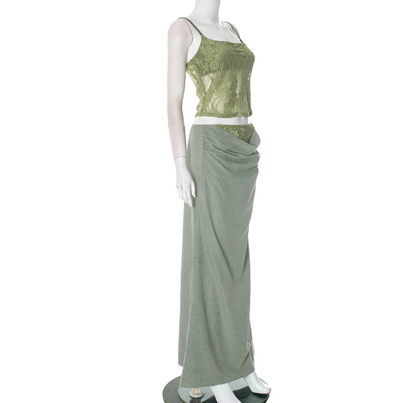 olive green lace backless tube top with sling stitching ruffle and matching draped skirt showcasing stitching ruffle hip design in a sage green lace ensemble.