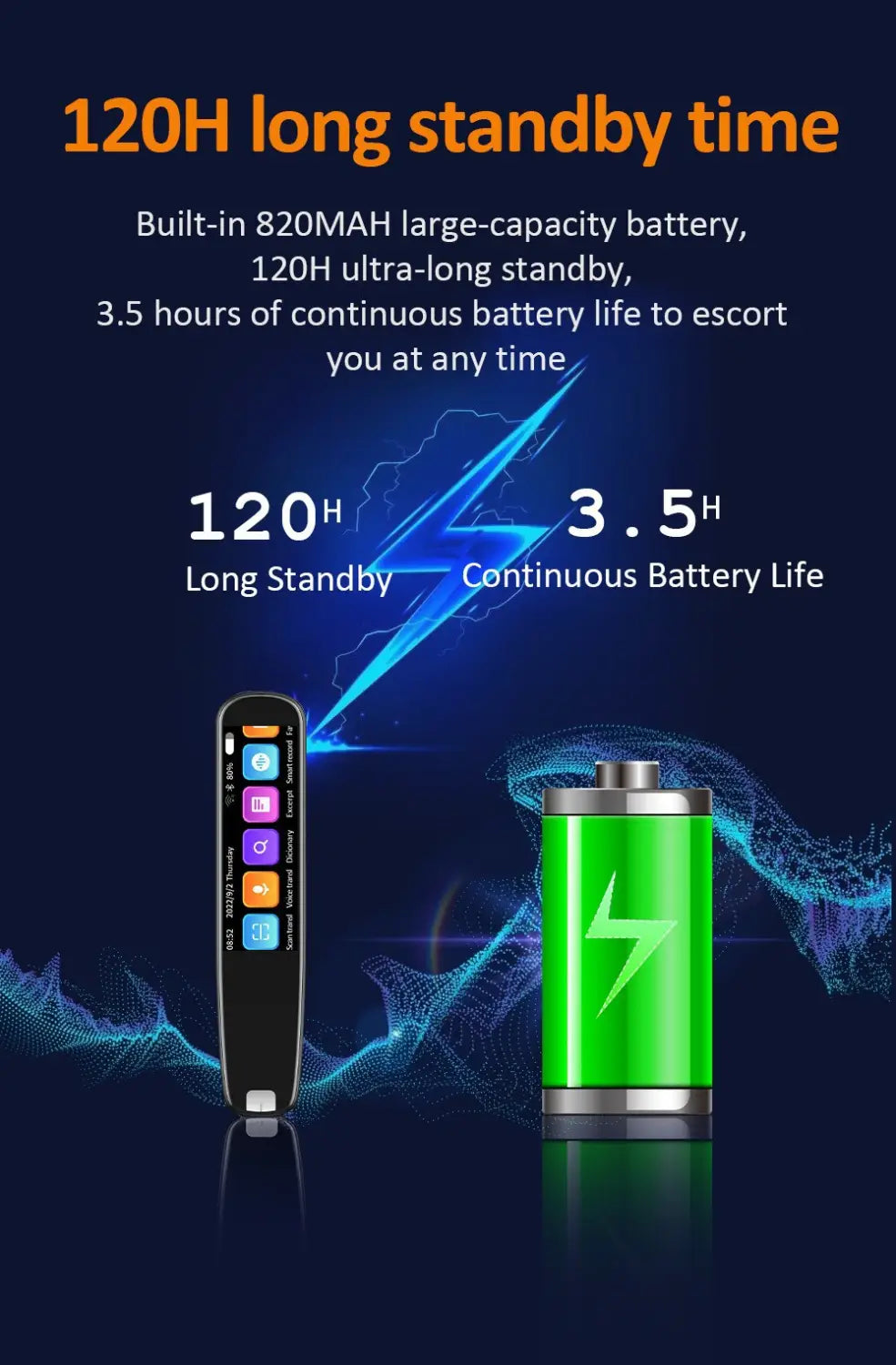 black handheld offline scanning translation dictionary pen with a sleek slim profile and colorful app icons on the screen