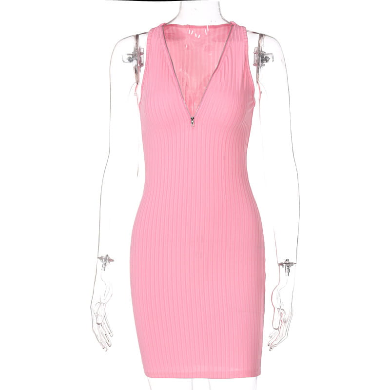 a pink ribbed sleeveless bodycon dress with a v-neckline and front zipper highlighting knitted women sleeveless fashion.