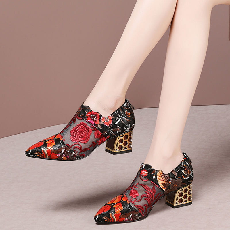 black and red floral embroidered lace fish mouth heel sandals mesh with honeycomb-patterned gold-tone block heel