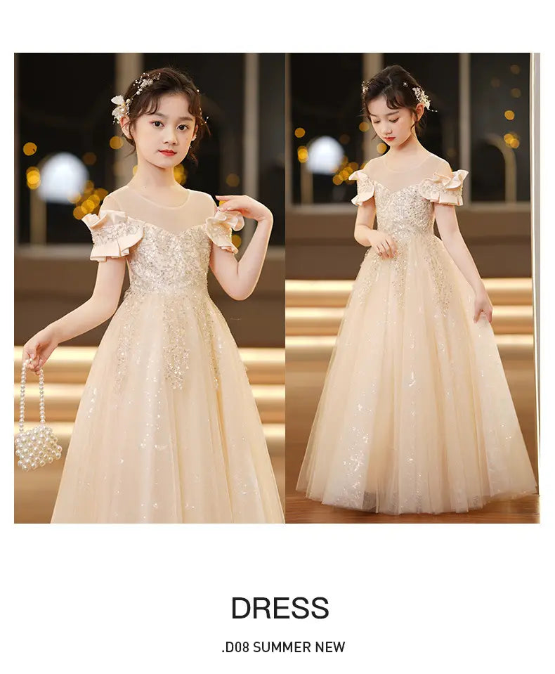 A delicate off-white spandex princess dress featuring sparkling beading and ruffled shoulder accents designed as a girls tulle tutu.