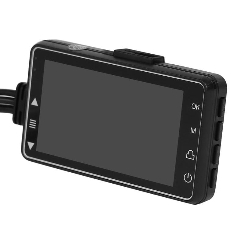Black rectangular motorcycle hd driving recorder with touchscreen display and physical buttons on the side designed as a driving recorder with mount for secure installation.