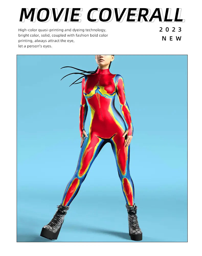 A vibrant red blue and yellow full-body flame digital printed buttoned hand jumpsuit made from main fabric with bold color printing.