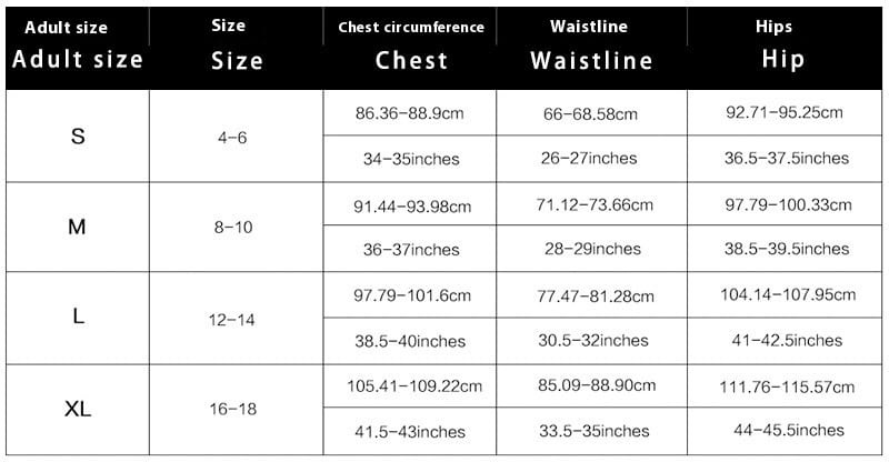 Adult sizing chart for black floral ruffled high waisted women’s swimsuit bikini displaying chest waistline and hip measurements for sizes s through xl for split women’s swimsuit fitting.