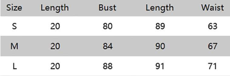 The image displays a size chart in centimeters for the lace splicing sling vest and big swing skirt set available in sizes s, m, and l.